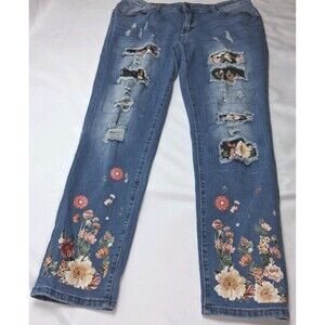 Floral Bliss Distressed Patchwork Straight Leg Jeans  Size 14 Boho Cottagecore
